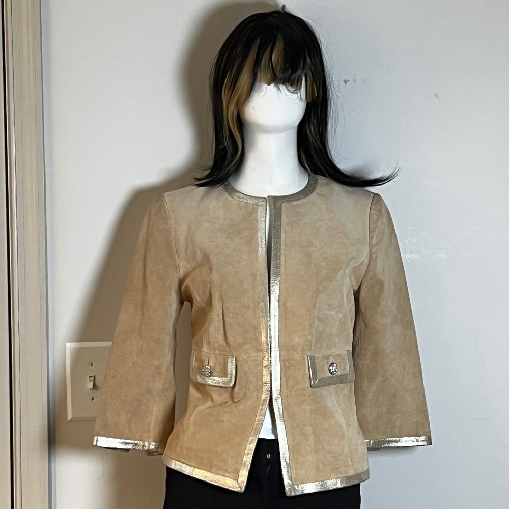 Classiques Entier Suede Leather Jacket Tan Metallic Snake Trim Cropped S
